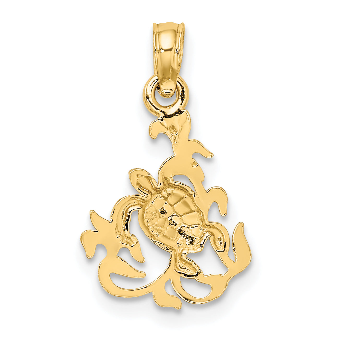 14K Yellow Gold Textured Mini Sea Turtle And Kelp Charm