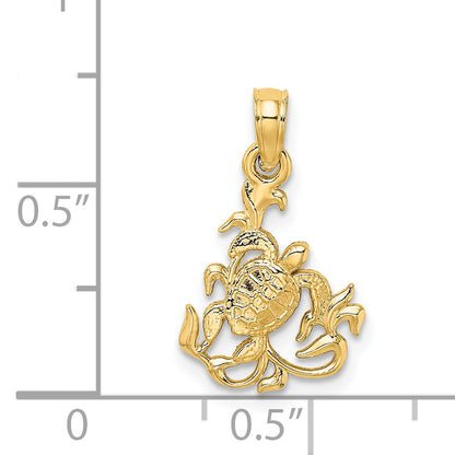 14K Yellow Gold Textured Mini Sea Turtle And Kelp Charm