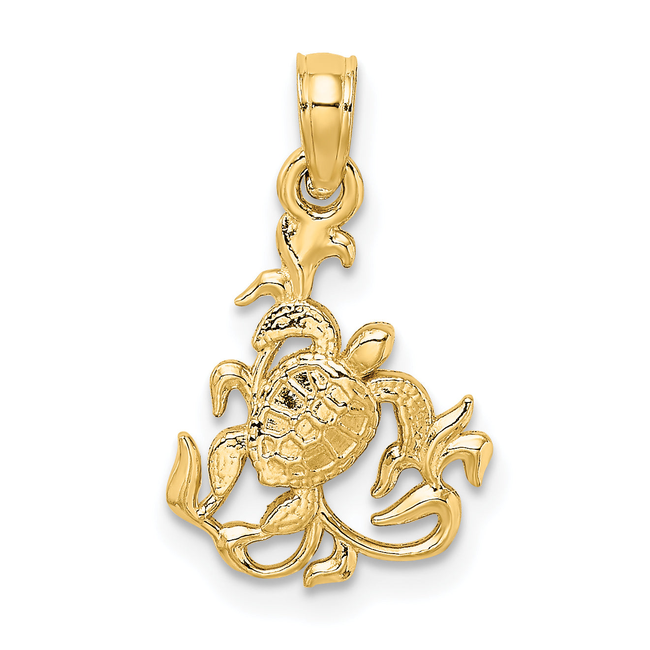 14K Yellow Gold Textured Mini Sea Turtle And Kelp Charm