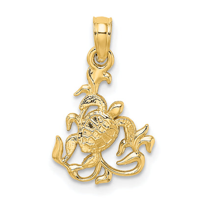 14K Yellow Gold Textured Mini Sea Turtle And Kelp Charm