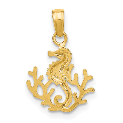 14K Yellow Gold Textured Mini Seahorse And Coral Charm