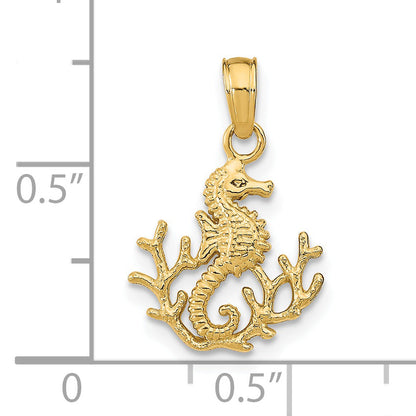14K Yellow Gold Textured Mini Seahorse And Coral Charm