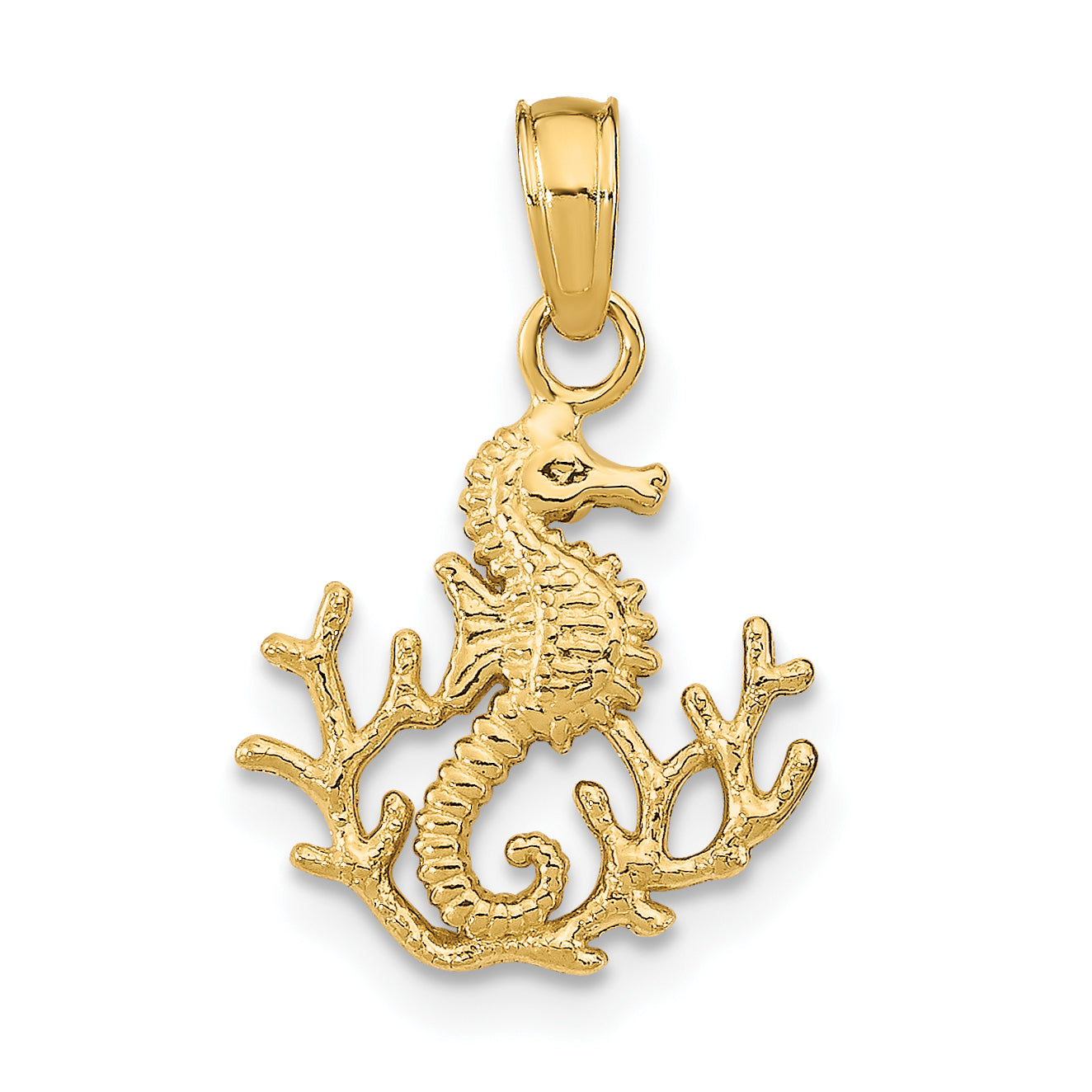 14K Yellow Gold Textured Mini Seahorse And Coral Charm