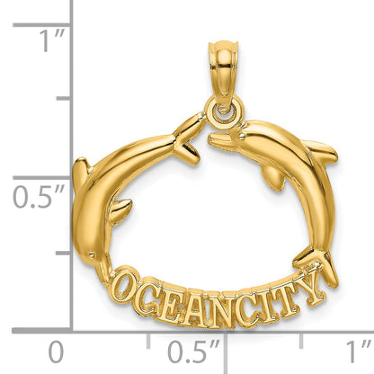 14K Yellow Gold Polished Ocean City W/ Jumping Dolphins Charm