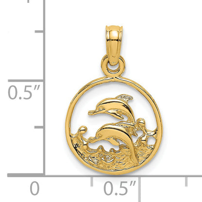 14K Yellow Gold Two Dolphins In Circle Charm