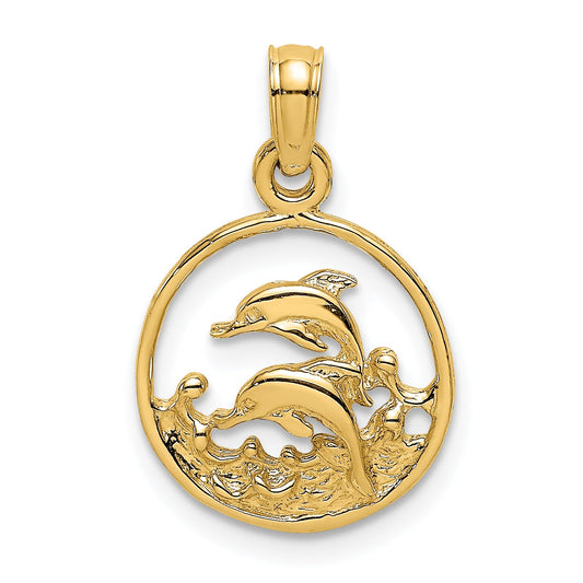 14K Yellow Gold Two Dolphins In Circle Charm
