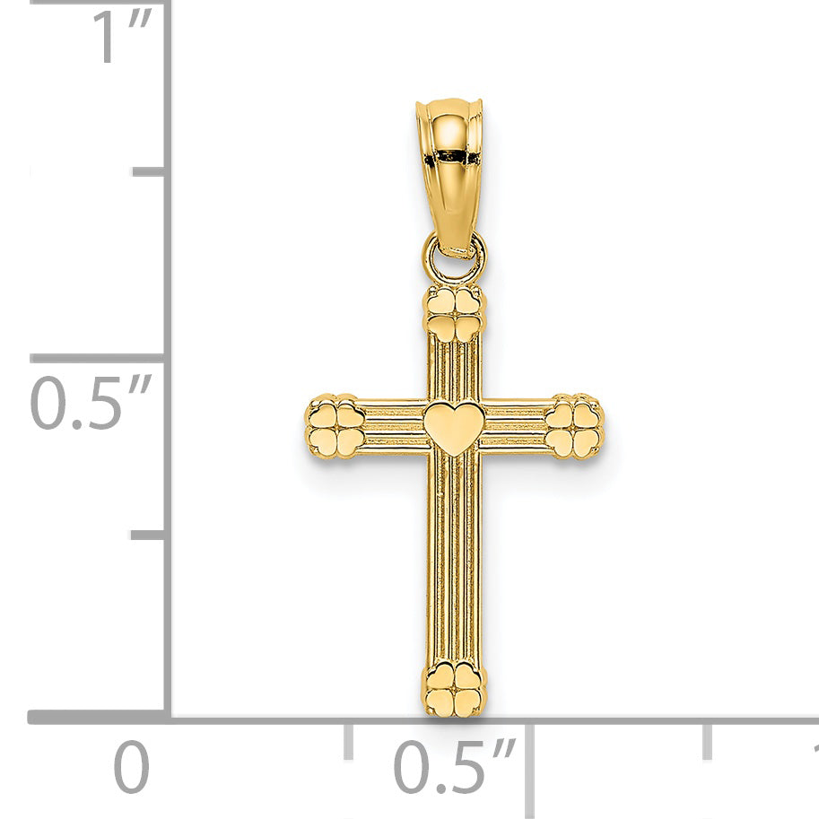 14K Yellow Gold Textured W/ Center Heart Small Cross Charm