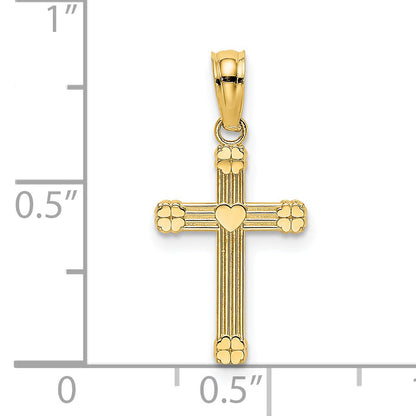 14K Yellow Gold Textured W/ Center Heart Small Cross Charm