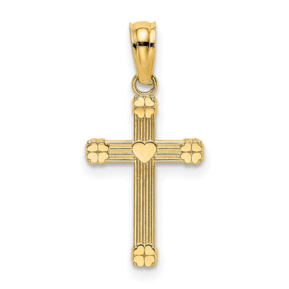 14K Yellow Gold Textured W/ Center Heart Small Cross Charm