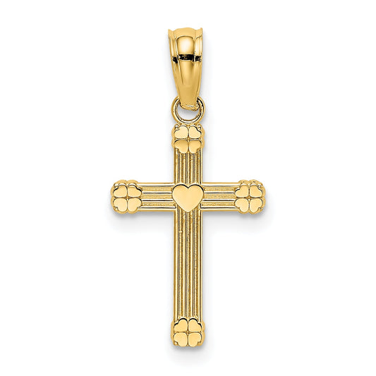 14K Yellow Gold Textured W/ Center Heart Small Cross Charm