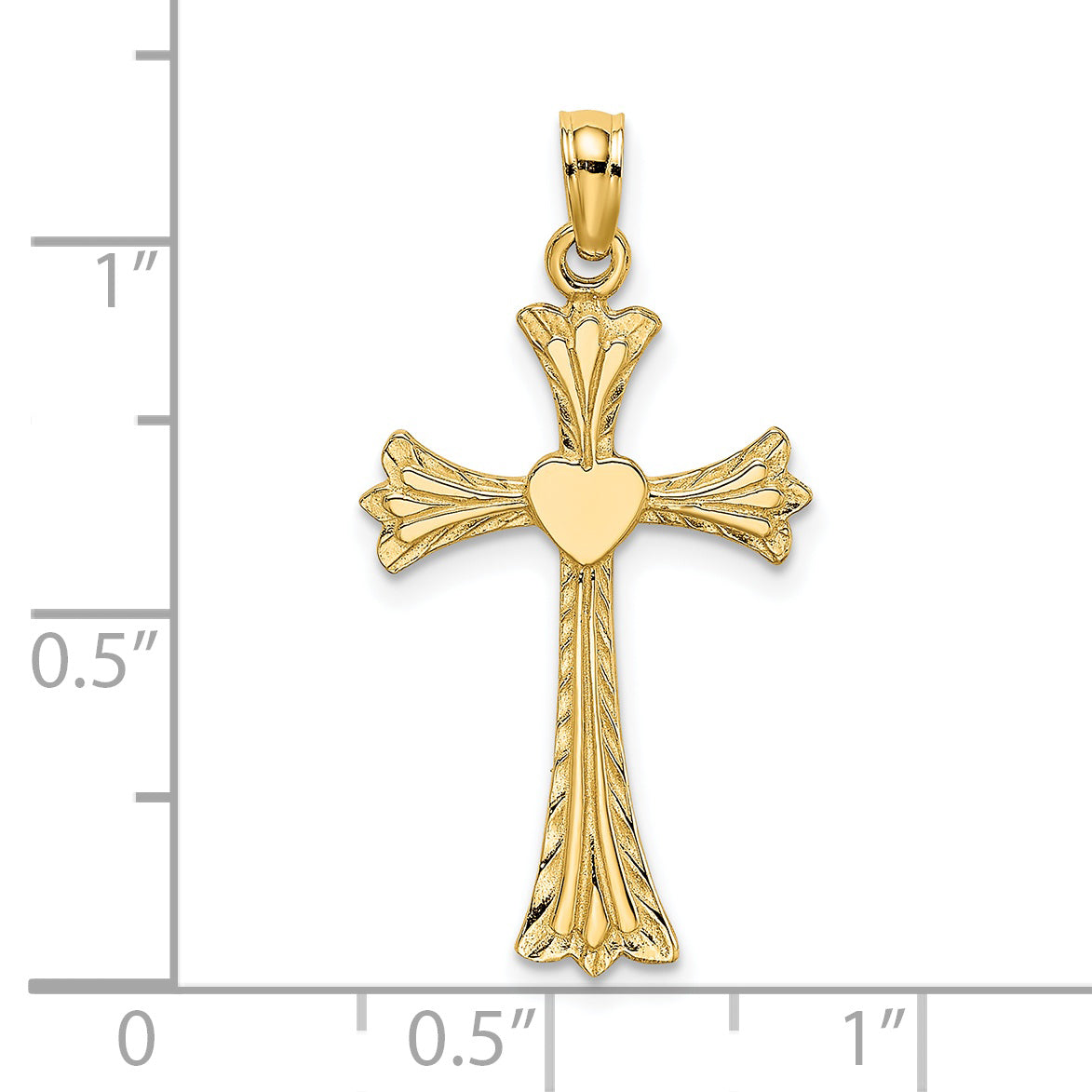 14K Yellow Gold Polished And Engraved Cross W/ Heart Charm