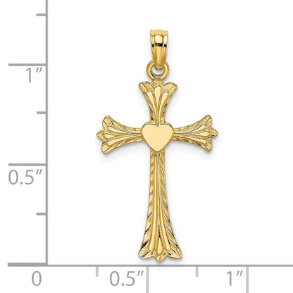 14K Yellow Gold Polished And Engraved Cross W/ Heart Charm