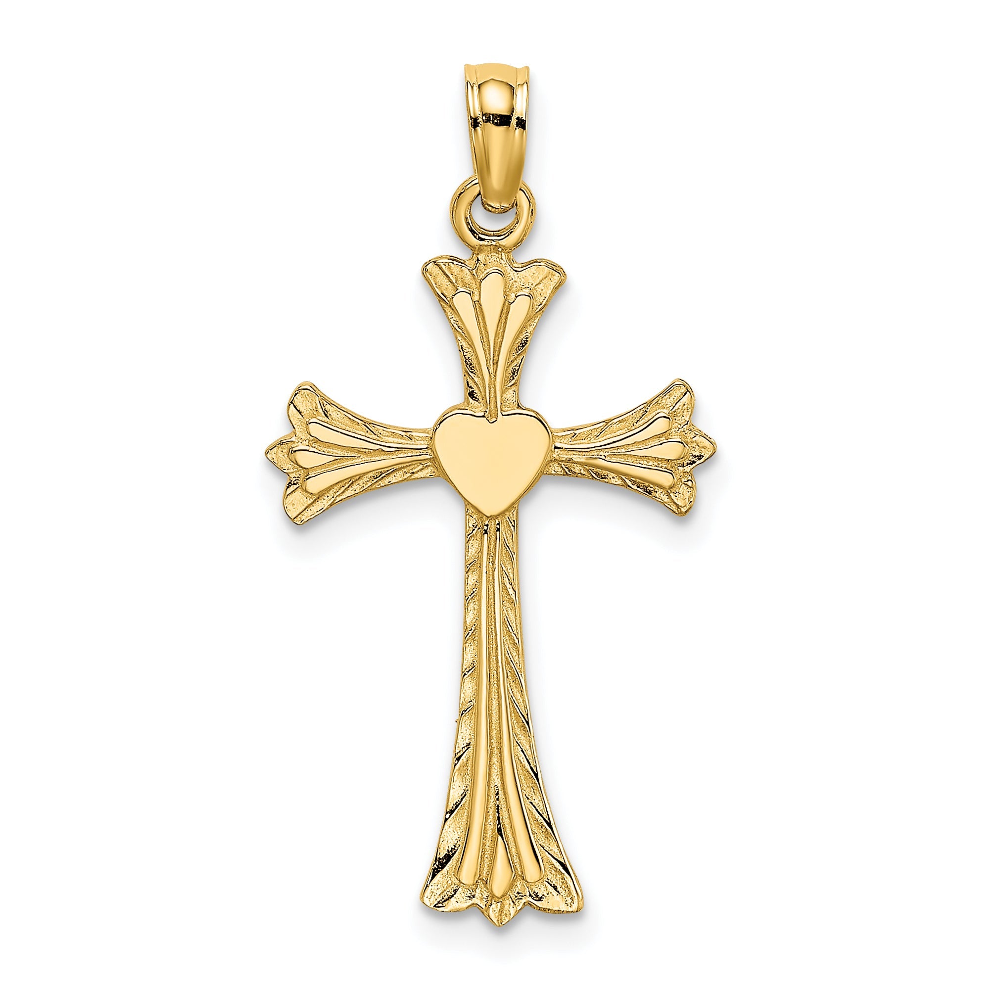 14K Yellow Gold Polished And Engraved Cross W/ Heart Charm