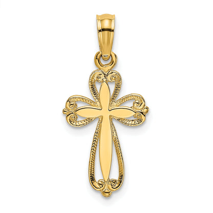 14K Yellow Gold Polished And Cut-Out Engraved Cross Charm