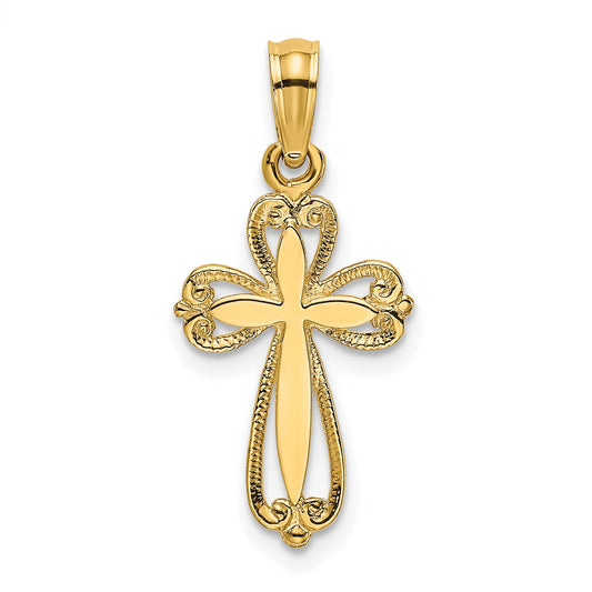 14K Yellow Gold Polished And Cut-Out Engraved Cross Charm