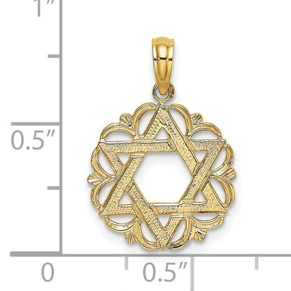 14K Yellow Gold Star Of David In Scalloped Circle Charm