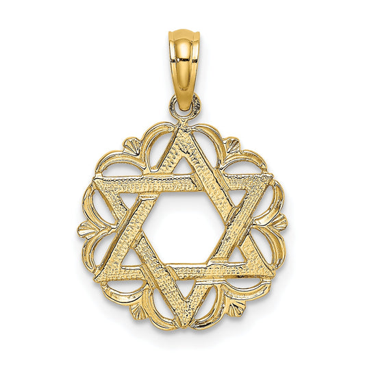 14K Yellow Gold Star Of David In Scalloped Circle Charm