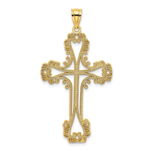 14k Yellow Gold Beaded Cut-Out Cross w/ Swirled Design Charm