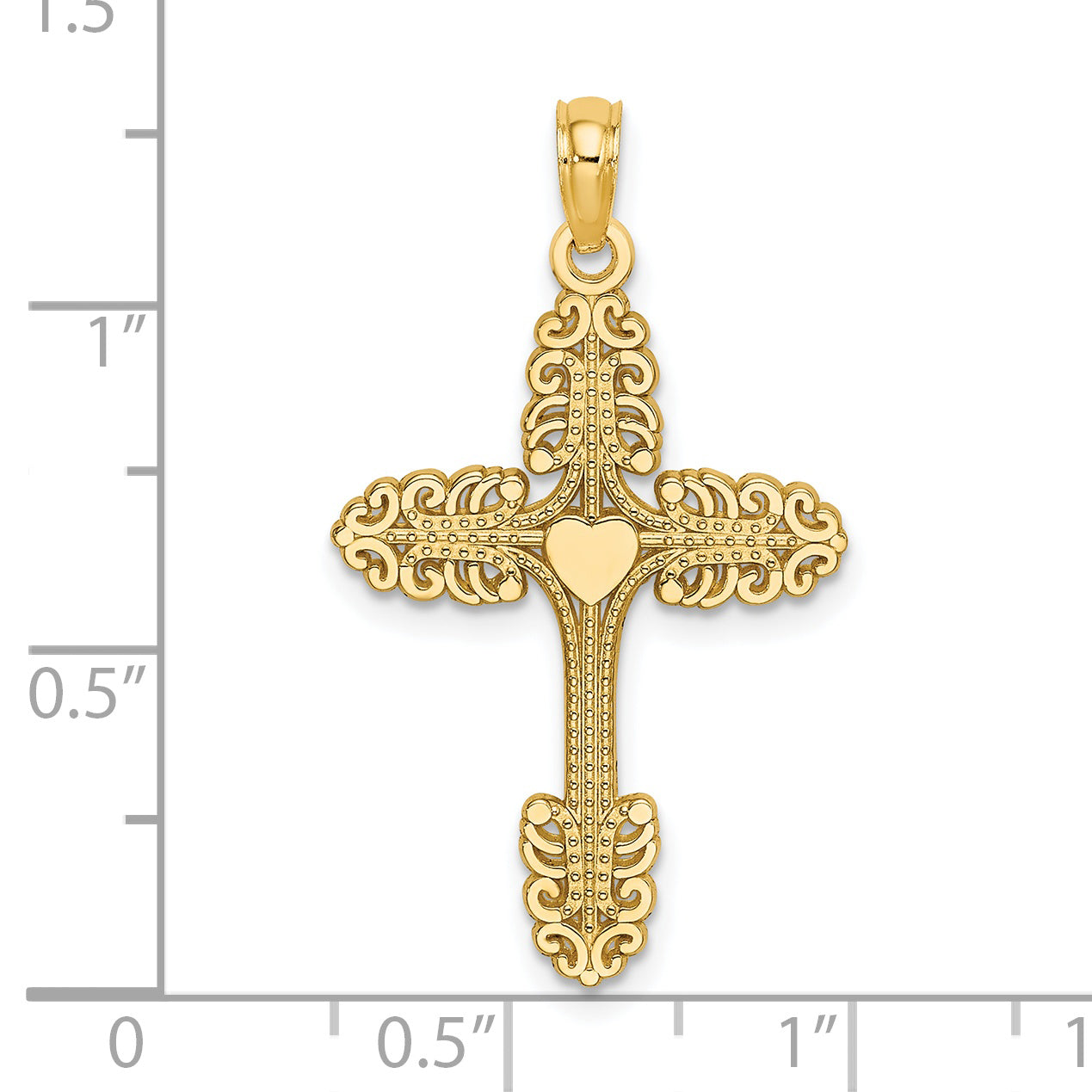 14K Yellow Gold Multi-Scalloped Tipped Cross W/ Heart Center Charm