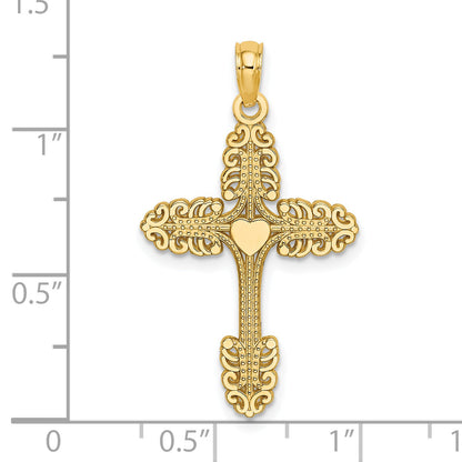 14K Yellow Gold Multi-Scalloped Tipped Cross W/ Heart Center Charm