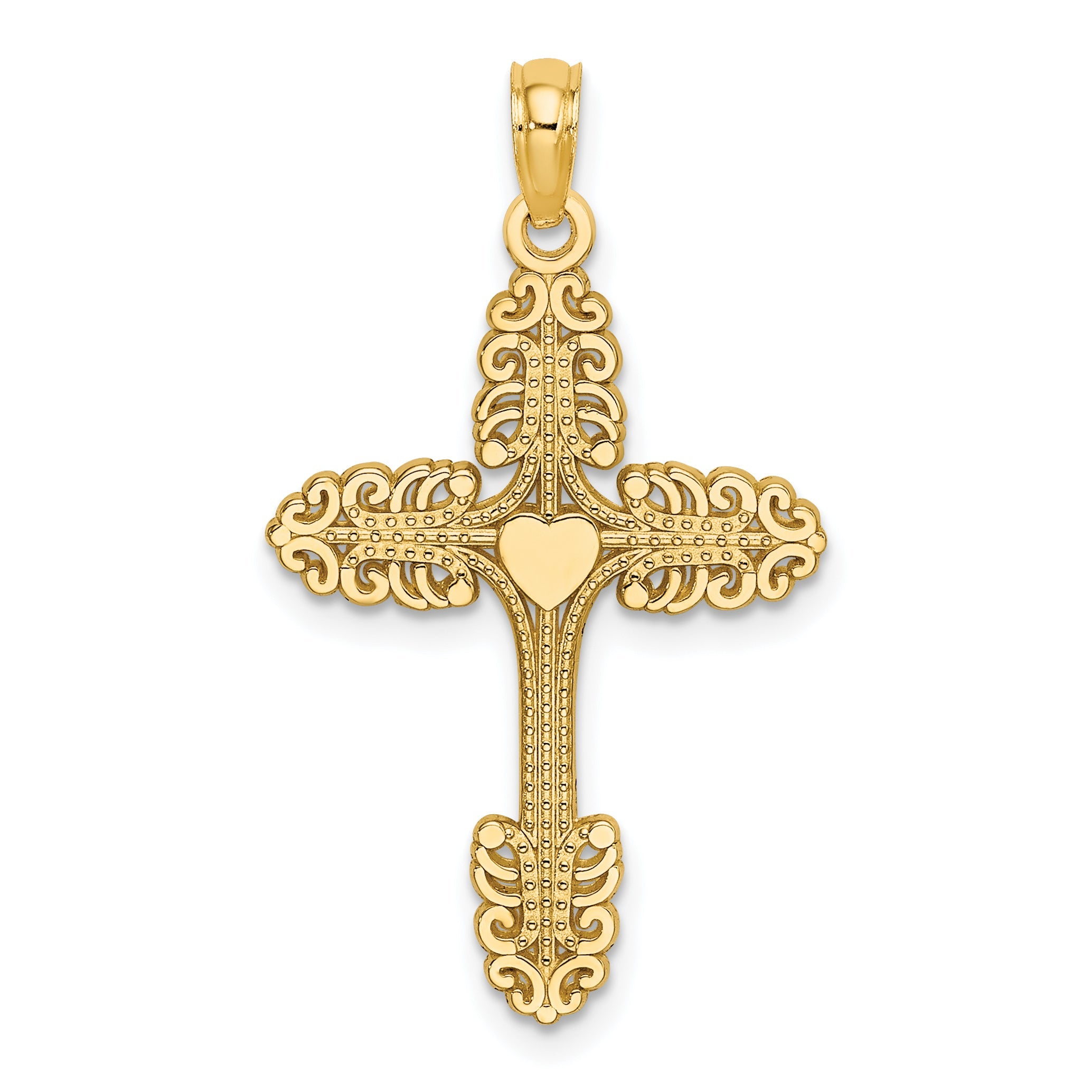 14K Yellow Gold Multi-Scalloped Tipped Cross W/ Heart Center Charm