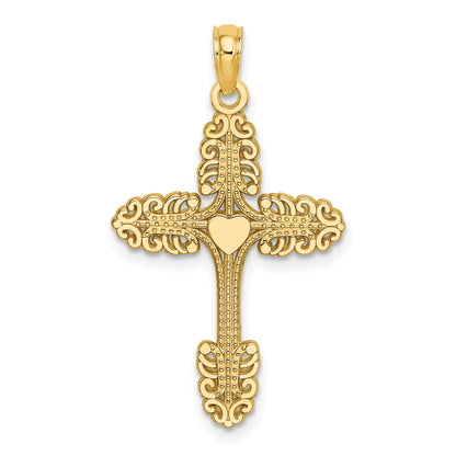 14K Yellow Gold Multi-Scalloped Tipped Cross W/ Heart Center Charm