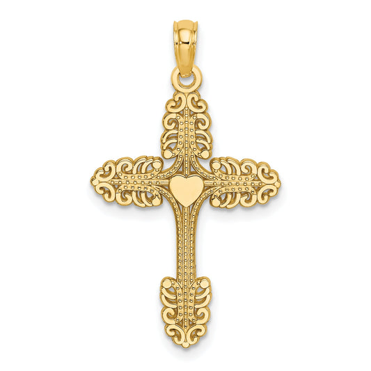 14K Yellow Gold Multi-Scalloped Tipped Cross W/ Heart Center Charm
