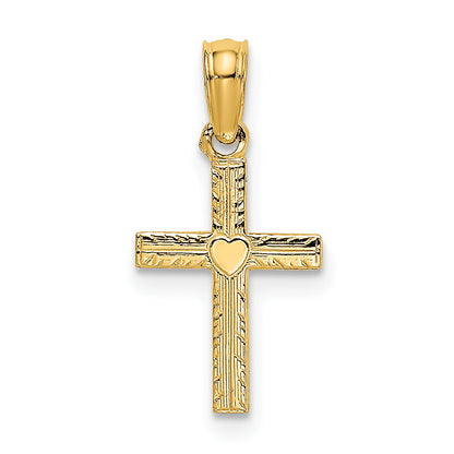 14K Yellow Gold Polished Mini Cross W/ Heart Charm