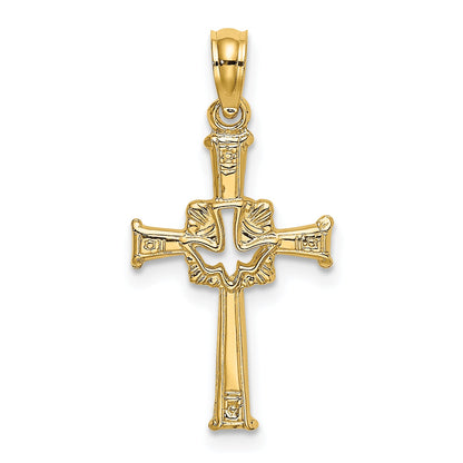 14K Yellow Gold Polished And Engraved Cross Dove Charm