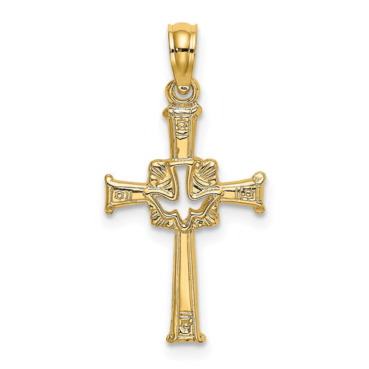 14K Yellow Gold Polished And Engraved Cross Dove Charm