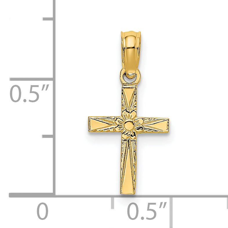 14K Yellow Gold Polished And Engraved Mini Cross W/ Flower Charm