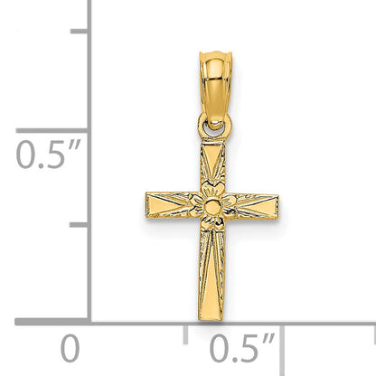 14K Yellow Gold Polished And Engraved Mini Cross W/ Flower Charm