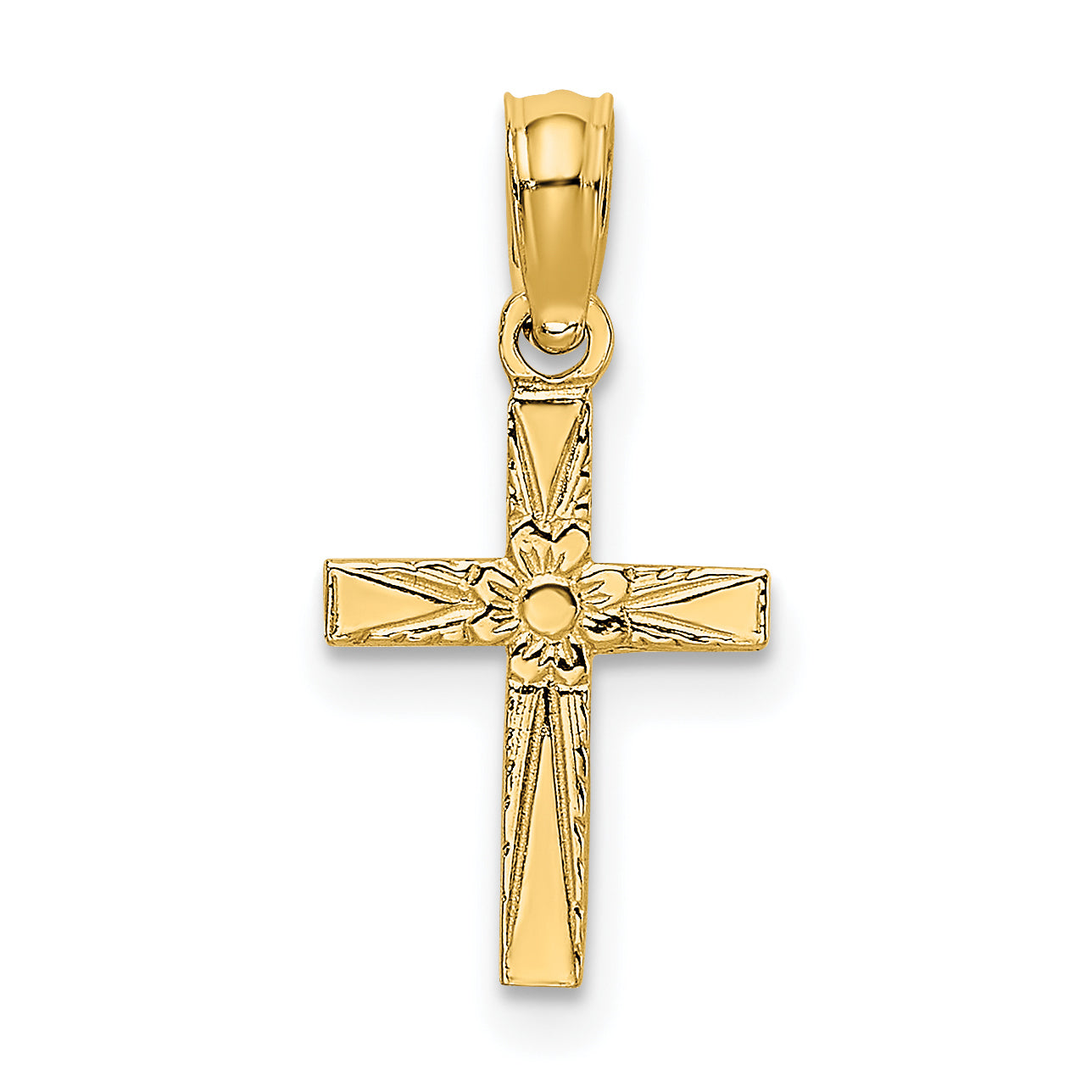 14K Yellow Gold Polished And Engraved Mini Cross W/ Flower Charm