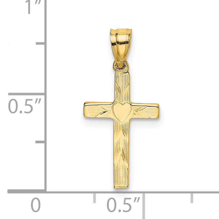 14K Yellow Gold Polished And Engraved Cross W/ Heart Center Charm