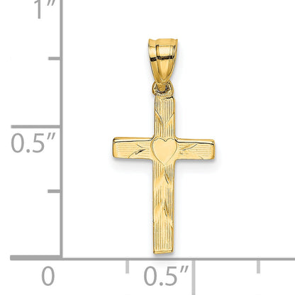 14K Yellow Gold Polished And Engraved Cross W/ Heart Center Charm