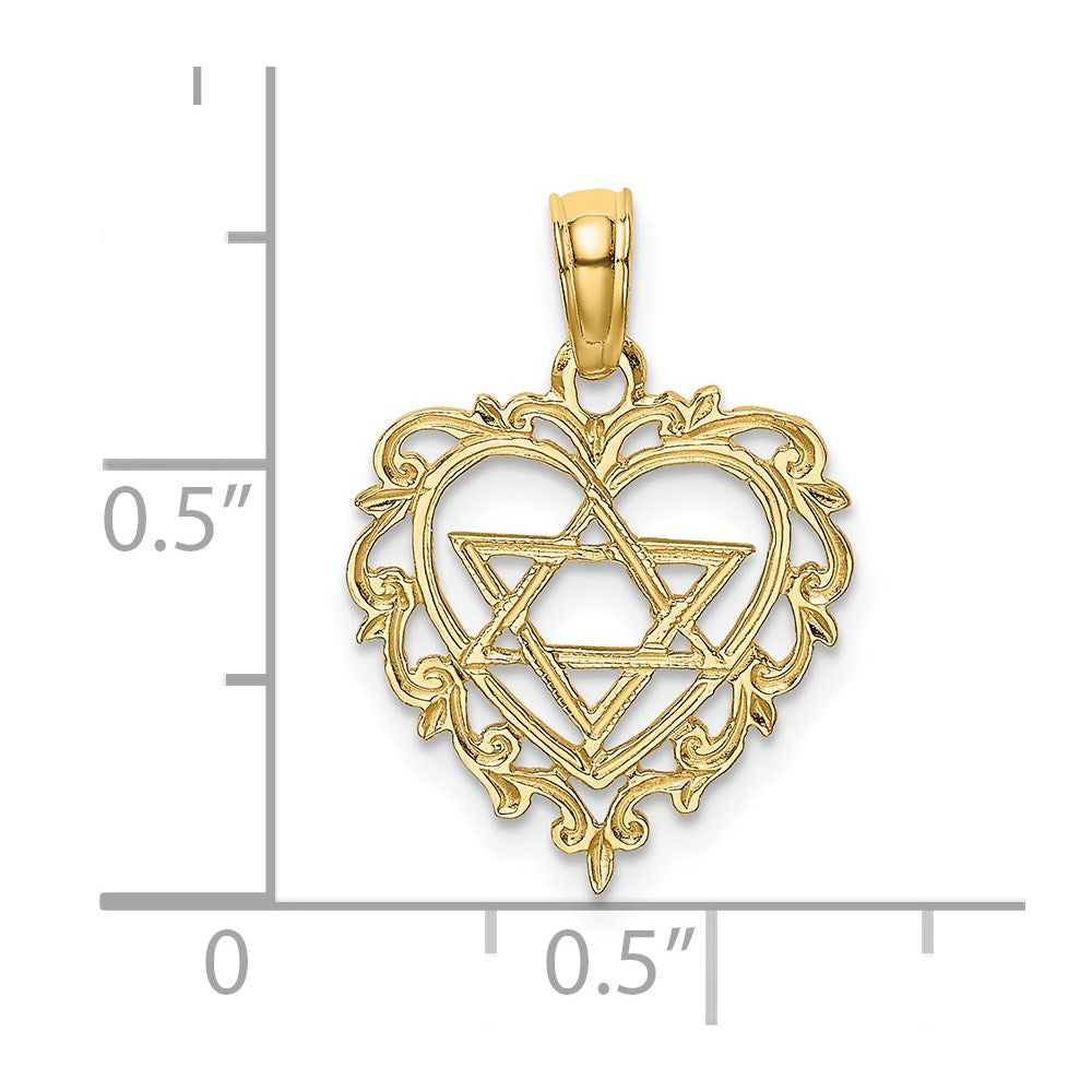 14K Yellow Gold Textured Star Of David In Heart Charm