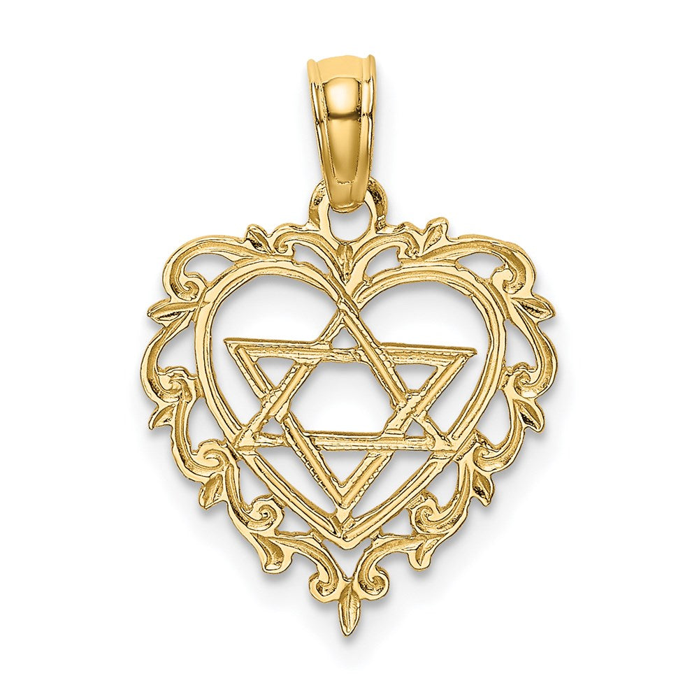 14K Yellow Gold Textured Star Of David In Heart Charm