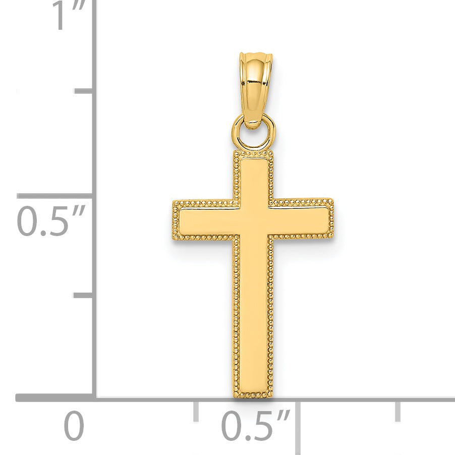 14K Yellow Gold Polished Block Style Beaded Edge Cross Charm