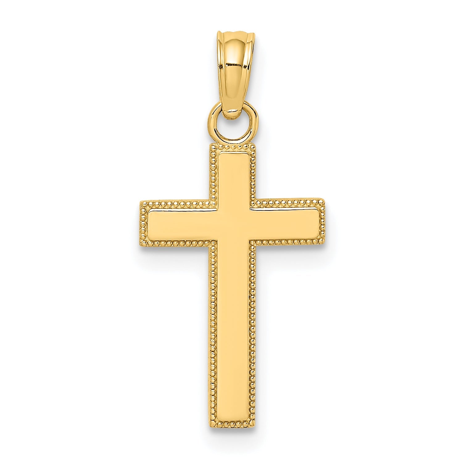14K Yellow Gold Polished Block Style Beaded Edge Cross Charm