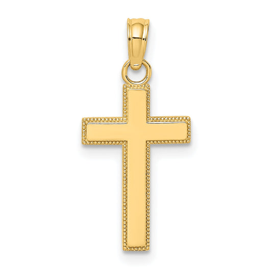 14K Yellow Gold Polished Block Style Beaded Edge Cross Charm