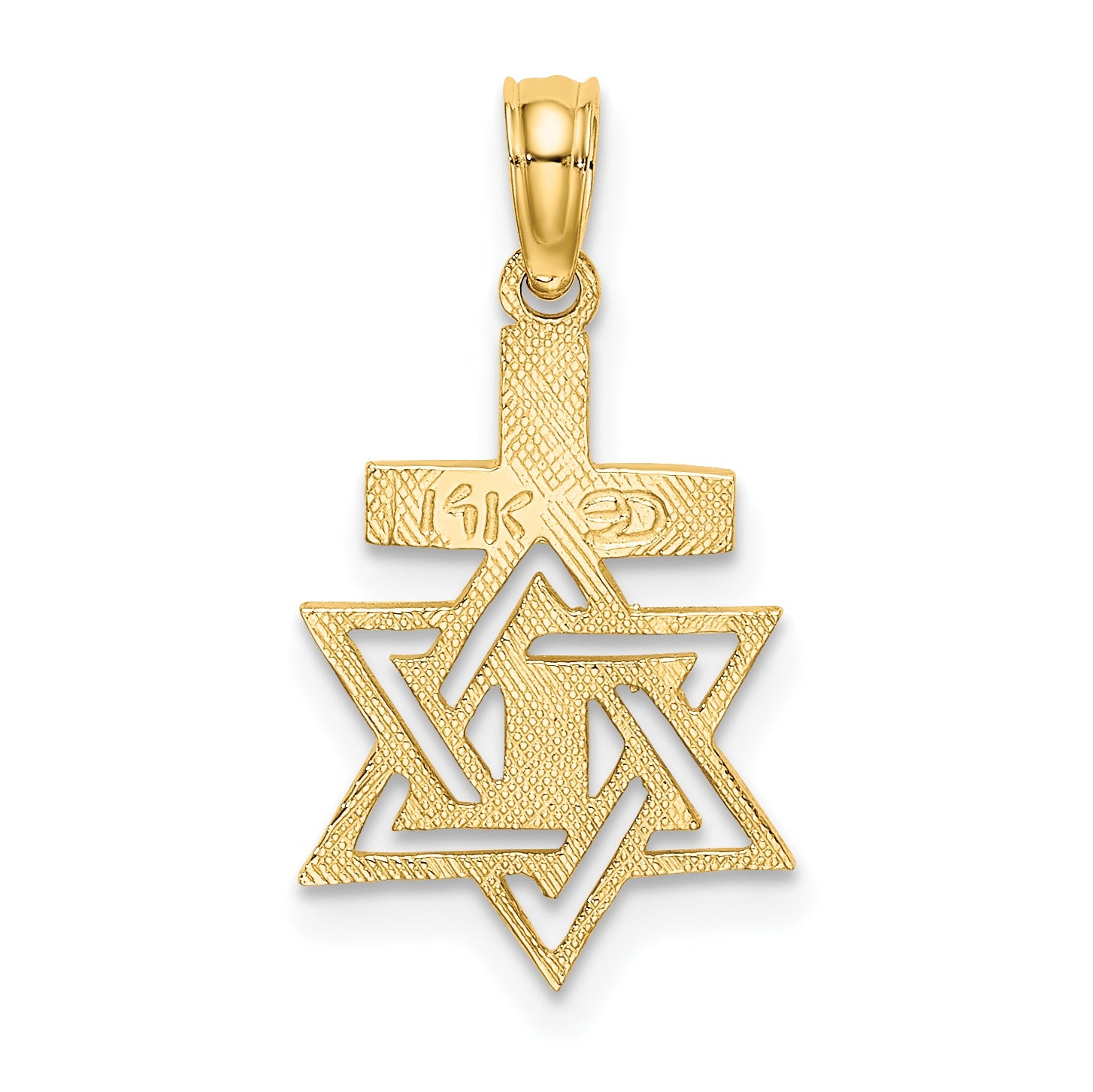 14K Yellow Gold Polished / Engraved Star Of David And Cross Charm