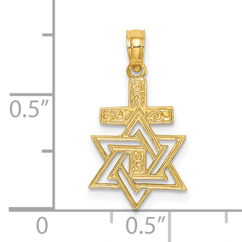 14K Yellow Gold Polished / Engraved Star Of David And Cross Charm