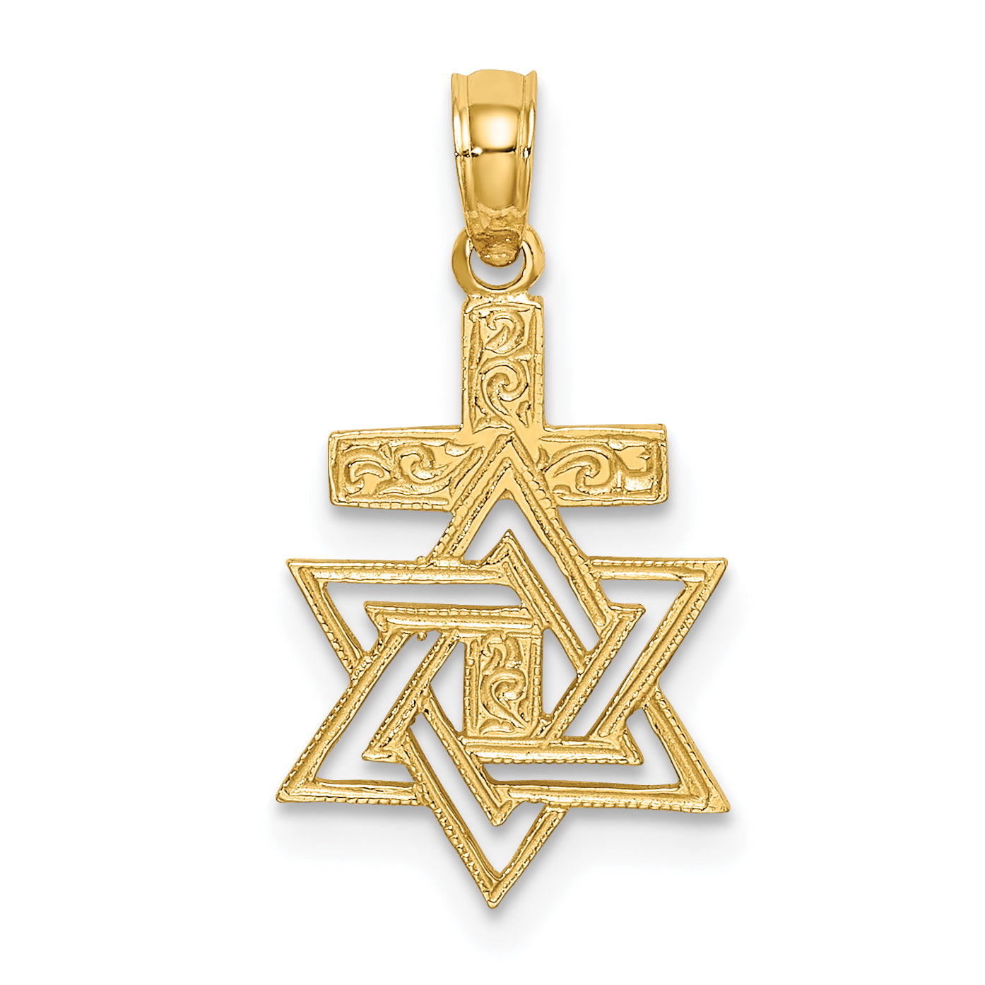 14K Yellow Gold Polished / Engraved Star Of David And Cross Charm