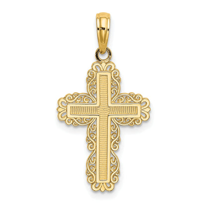 14K Yellow Gold Textured W/ Lace Trim Cross Charm