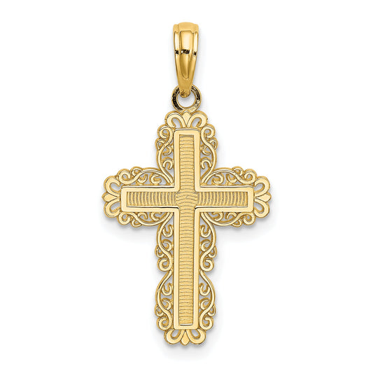 14K Yellow Gold Textured W/ Lace Trim Cross Charm