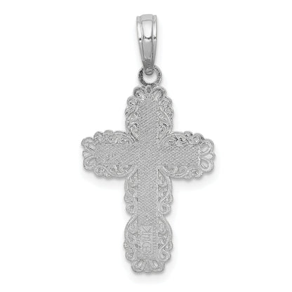 14K White Gold Textured W/ Lace Trim Cross Charm