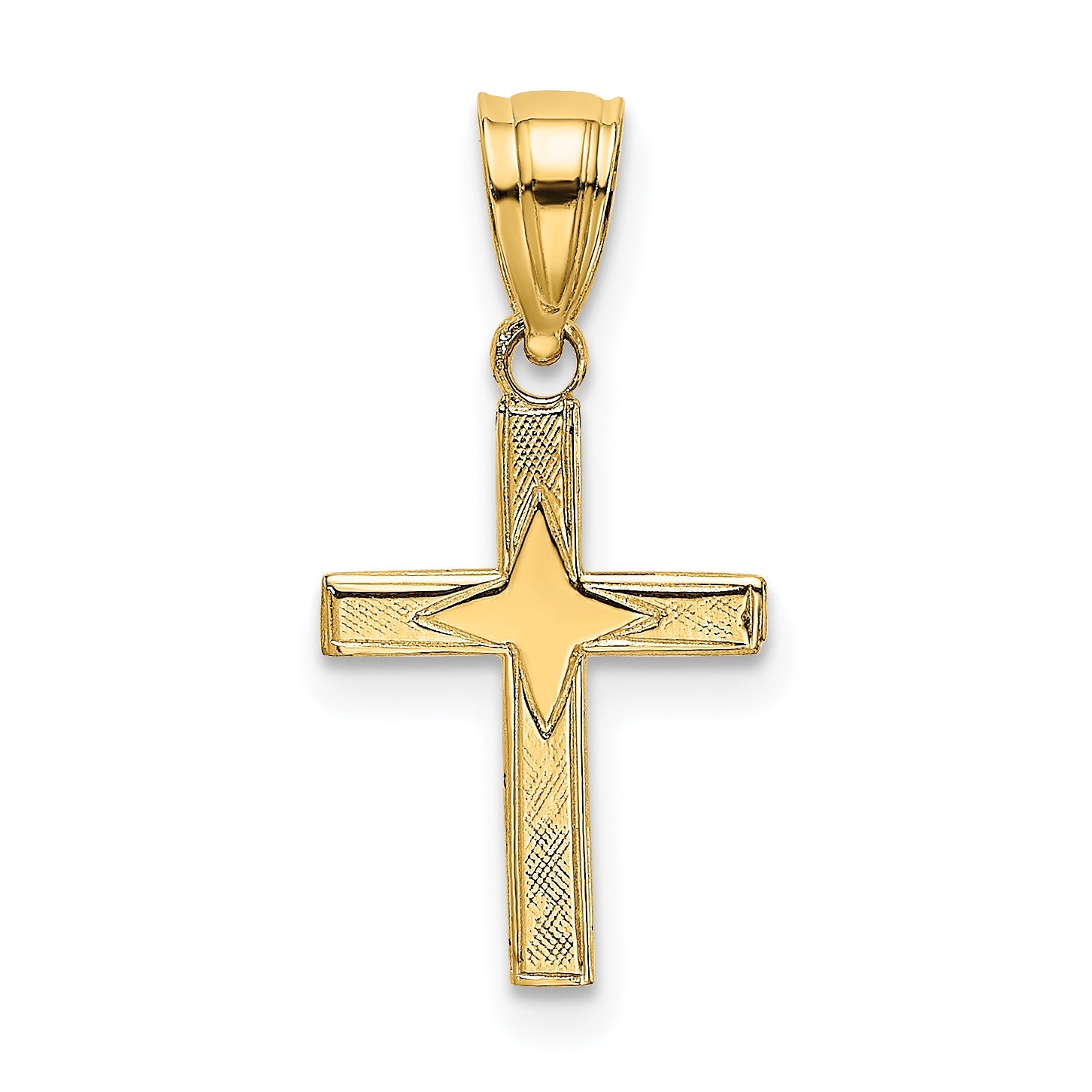 14K Yellow Gold Polished W/ Star Pattern Mini Cross Charm