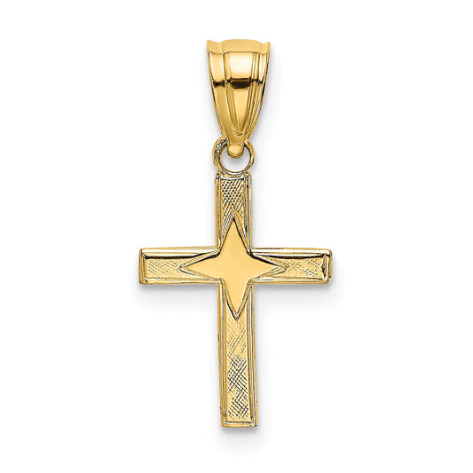 14K Yellow Gold Polished W/ Star Pattern Mini Cross Charm