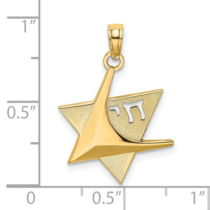 14K Yellow Gold Polished Star Of David W/Chai Charm
