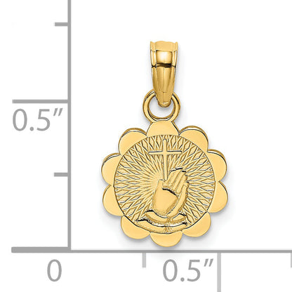 14K Yellow Gold Praying Hands And Cross On Scalloped Round Disk Charm